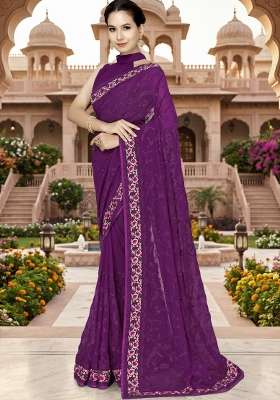Wine Georgette Saree Set with Embroidery for Diwali | Wedding & Festive Wear
