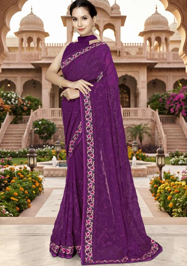 Wine Georgette Saree Set with Embroidery for Diwali | Wedding & Festive Wear - Indya