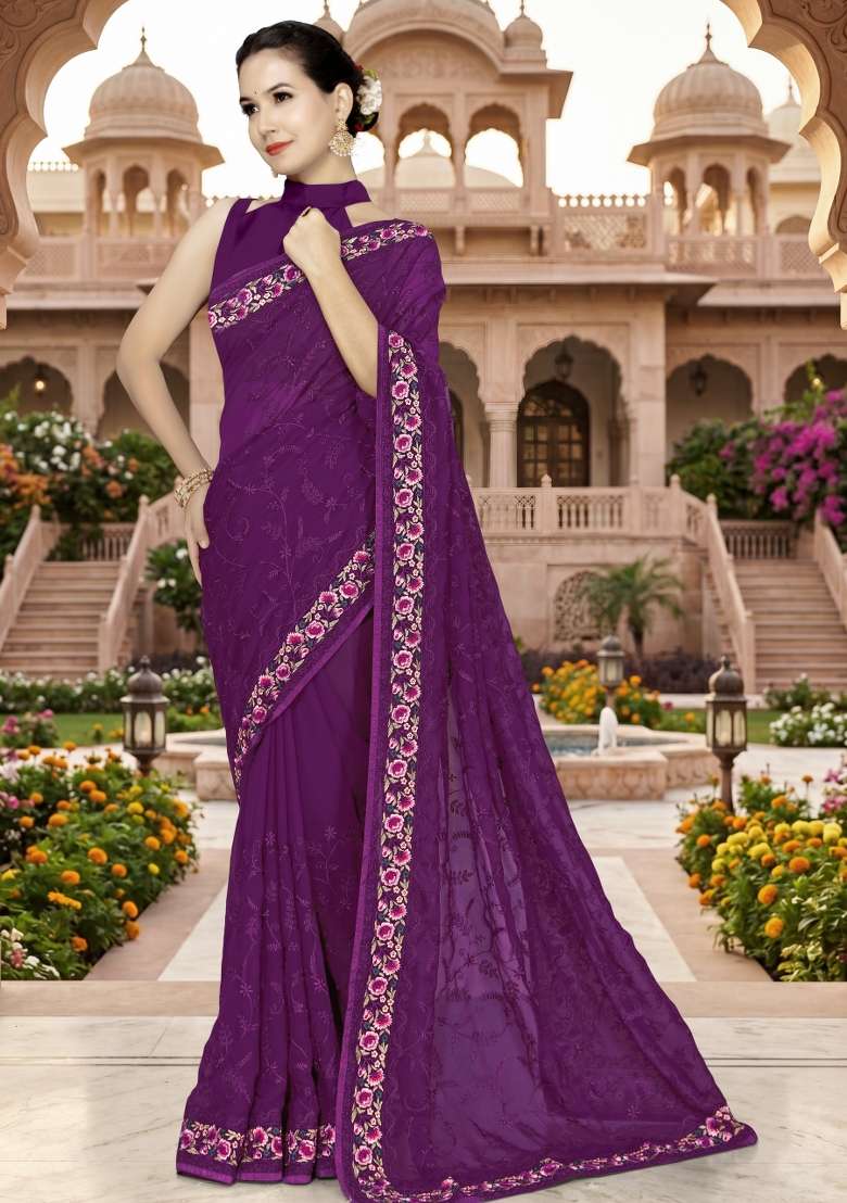 Wine Georgette Saree Set with Embroidery for Diwali | Wedding & Festive Wear - Indya