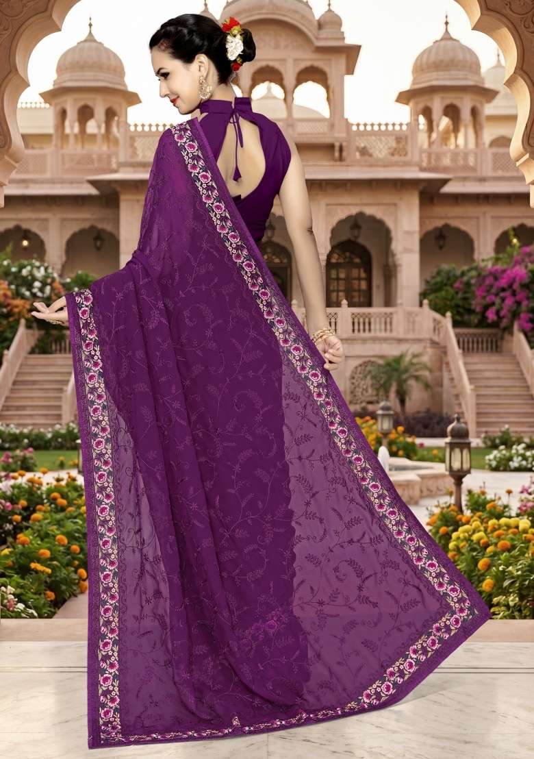 Wine Georgette Saree Set with Embroidery for Diwali | Wedding & Festive Wear - Indya