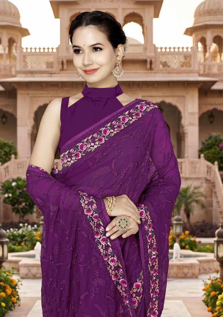 Wine Georgette Saree Set with Embroidery for Diwali | Wedding & Festive Wear - Indya