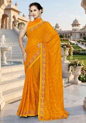 Mustard Embroidery Georgette Saree Set for Diwali and Festive Wear
