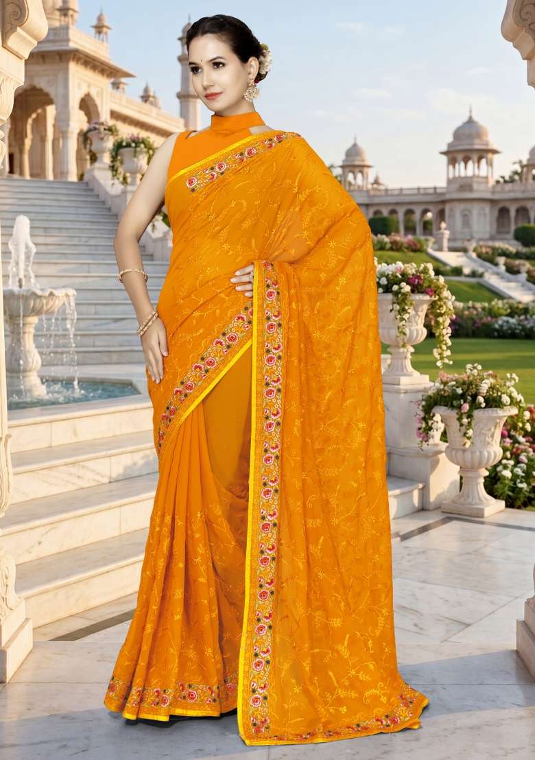 Mustard Embroidery Georgette Saree Set for Diwali and Festive Wear - Indya