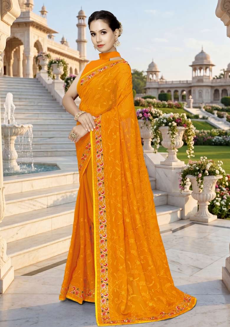 Mustard Embroidery Georgette Saree Set for Diwali and Festive Wear - Indya