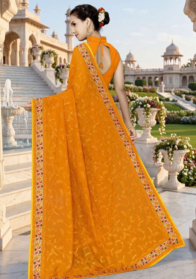 Mustard Embroidery Georgette Saree Set for Diwali and Festive Wear - Indya
