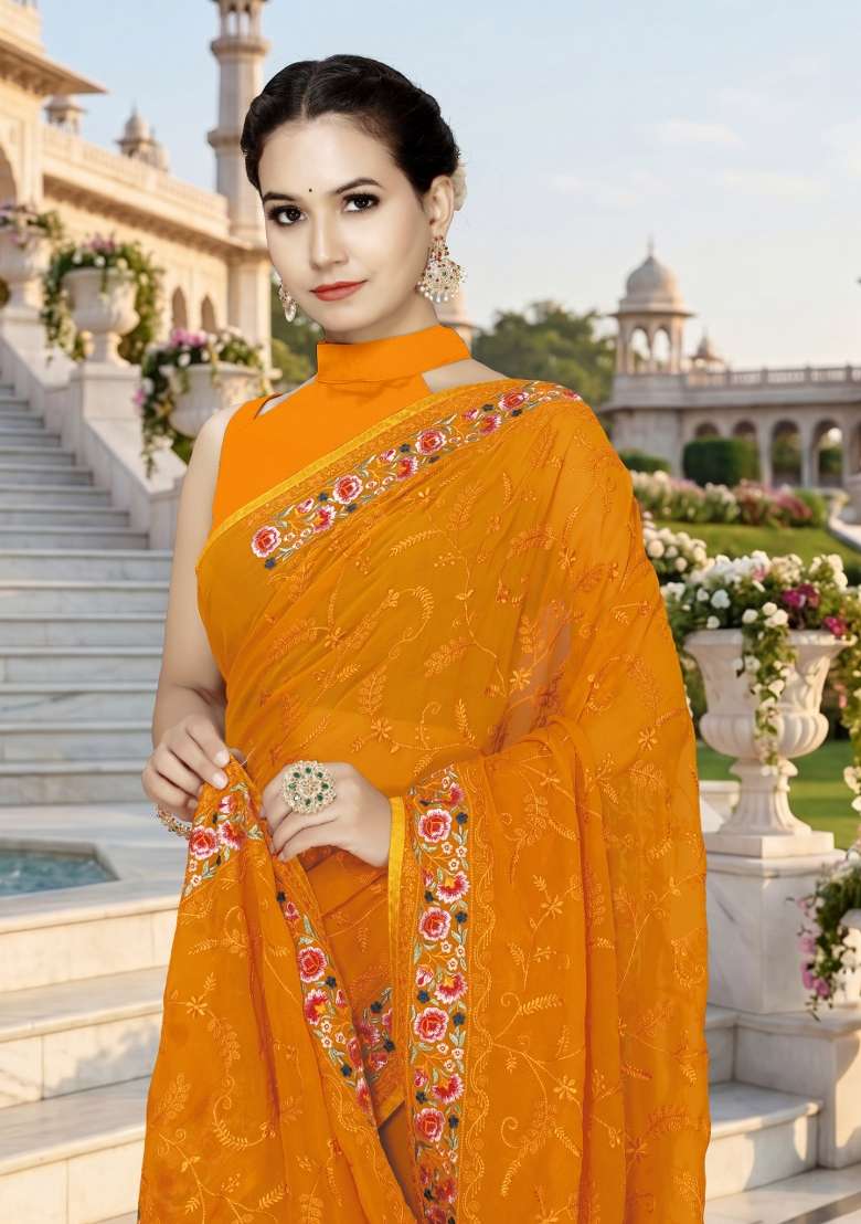 Mustard Embroidery Georgette Saree Set for Diwali and Festive Wear - Indya