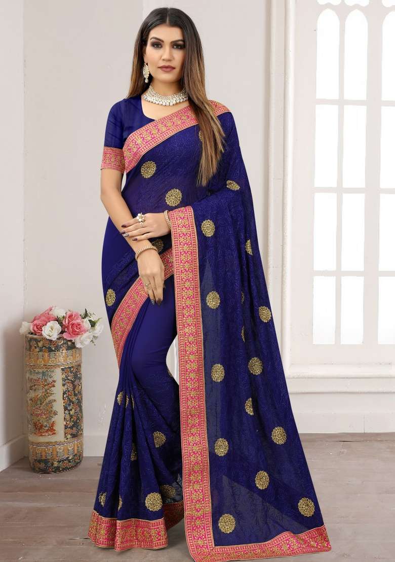 Navy Blue Georgette Saree Set with Embroidery for Diwali | Wedding & Festive Wear - Indya