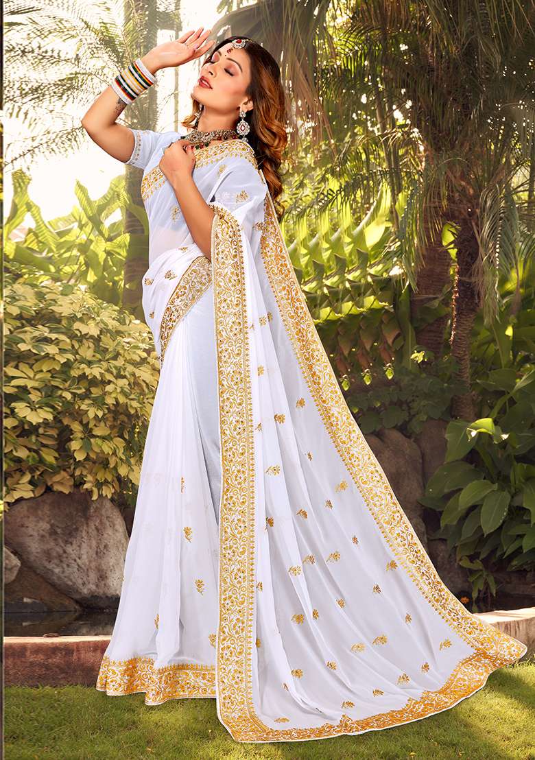 White Georgette Saree Set with Embroidery for Diwali | Wedding & Festive Wear - Indya