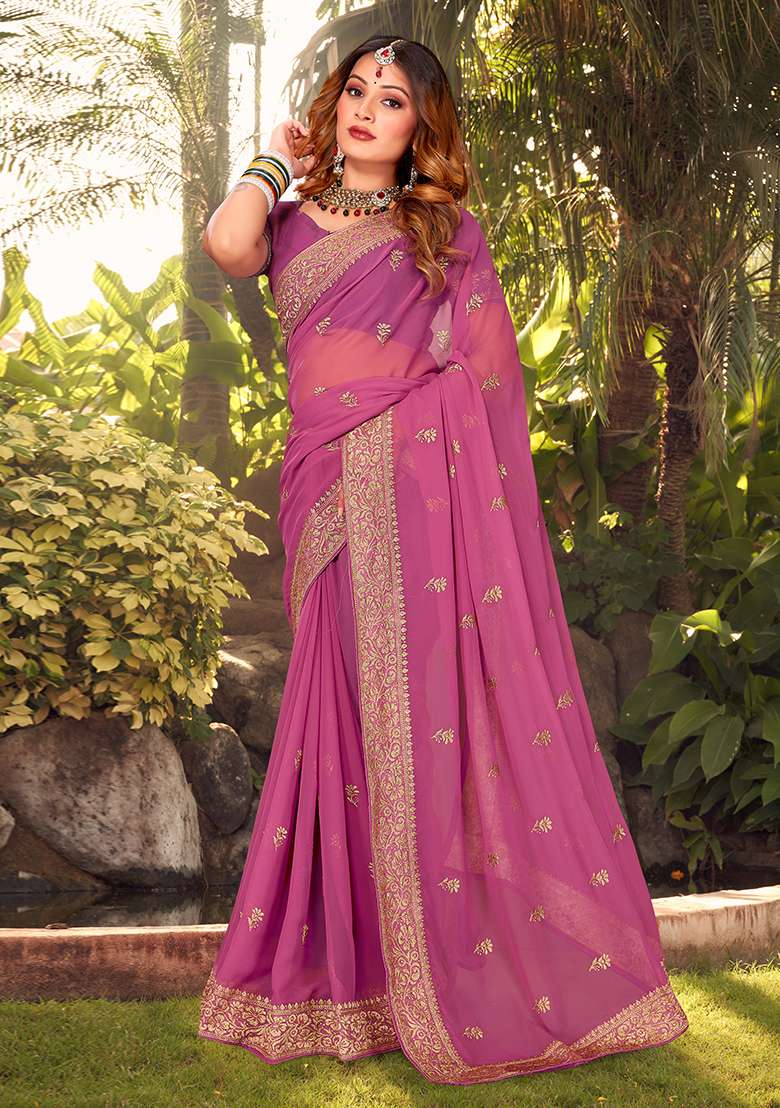 Gajari Georgette Saree Set with Embroidery for Diwali | Wedding & Festive Wear - Indya
