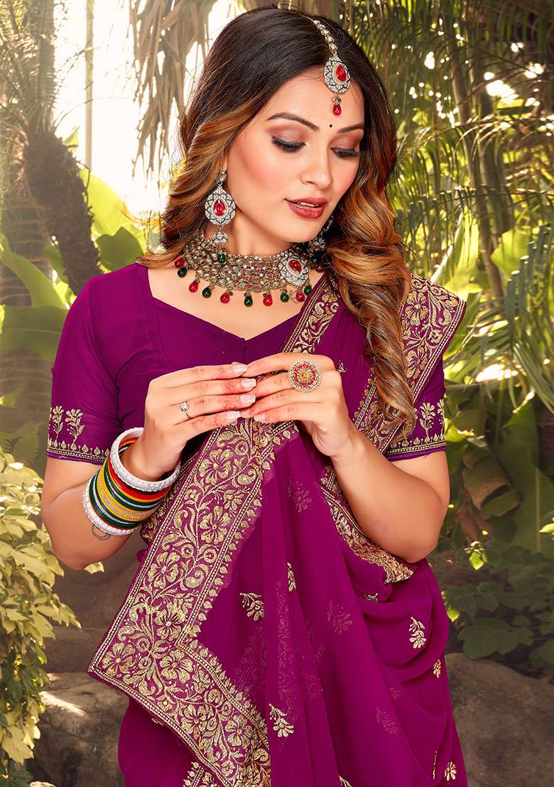 Wine Georgette Saree Set with Embroidery for Diwali | Wedding & Festive Wear - Indya