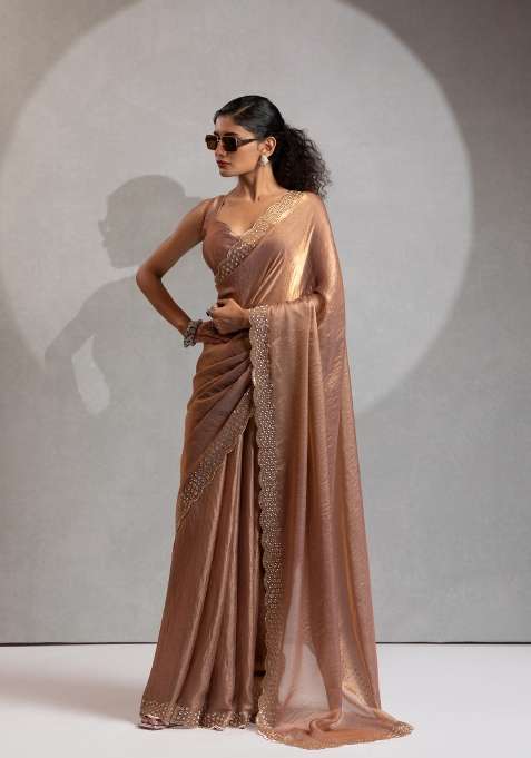 Golden Zircon Work Silk Saree Set for Diwali and Festive Wear