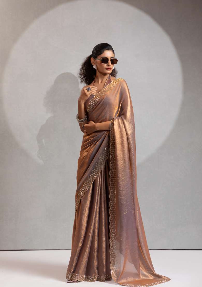 Grey Zircon Work Silk Saree Set for Diwali and Festive Wear - Indya