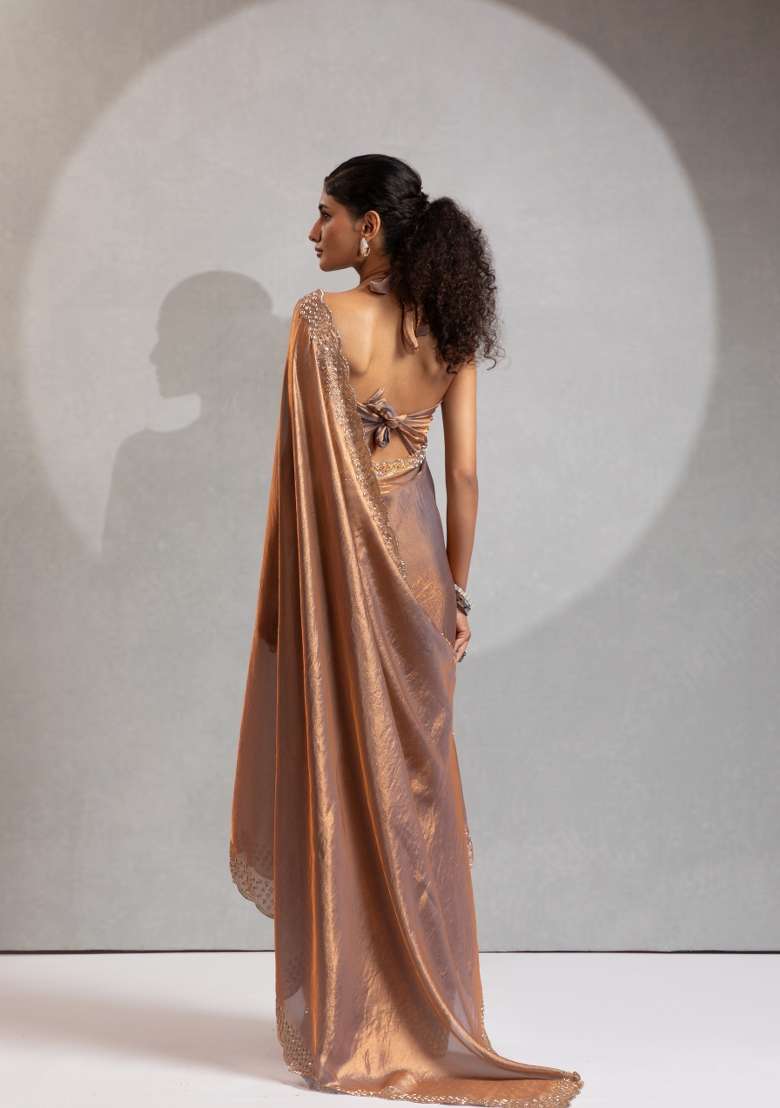 Grey Zircon Work Silk Saree Set for Diwali and Festive Wear - Indya