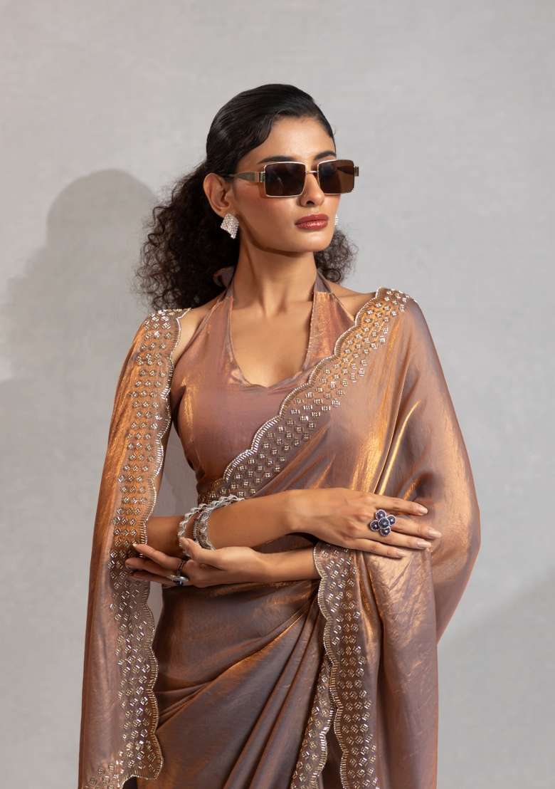 Grey Zircon Work Silk Saree Set for Diwali and Festive Wear - Indya