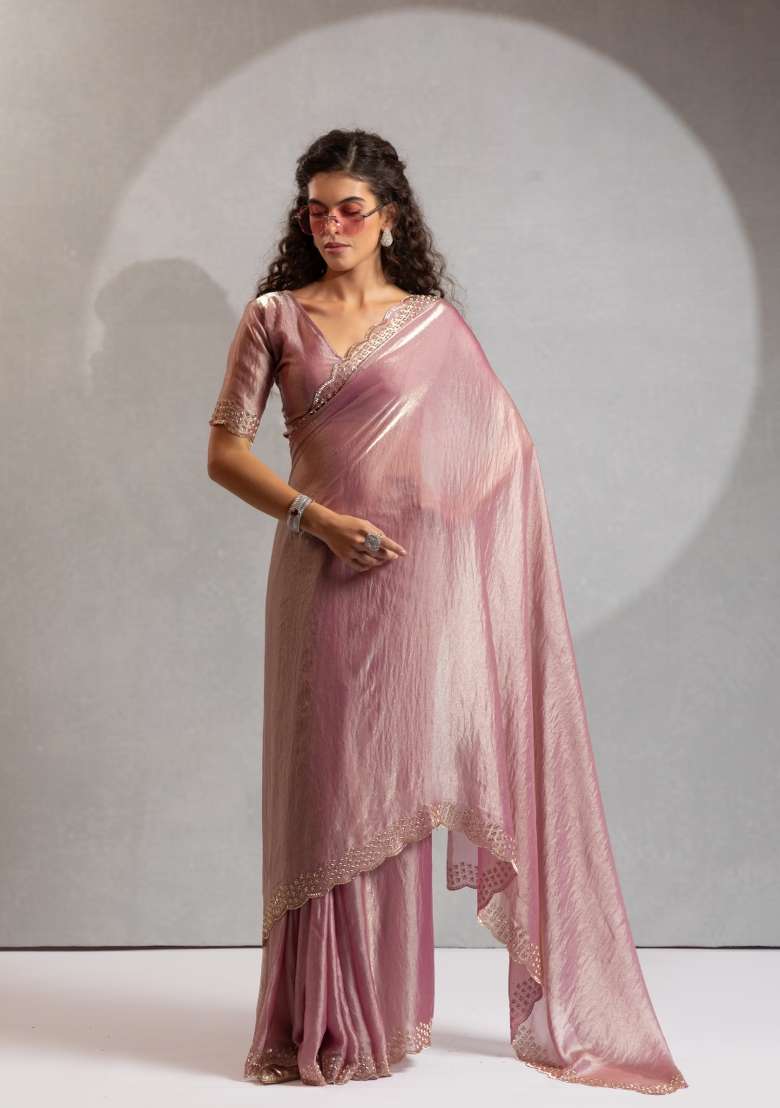 Pink Zircon Work Silk Saree Set for Diwali and Festive Wear - Indya