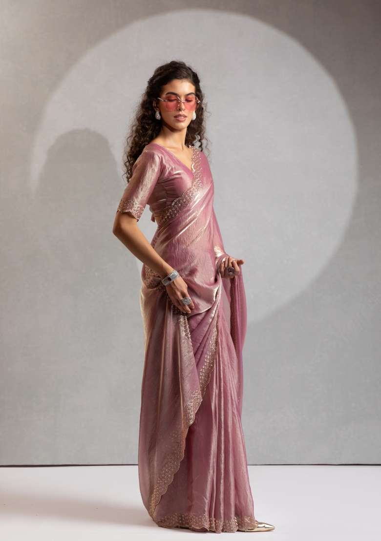 Pink Zircon Work Silk Saree Set for Diwali and Festive Wear - Indya