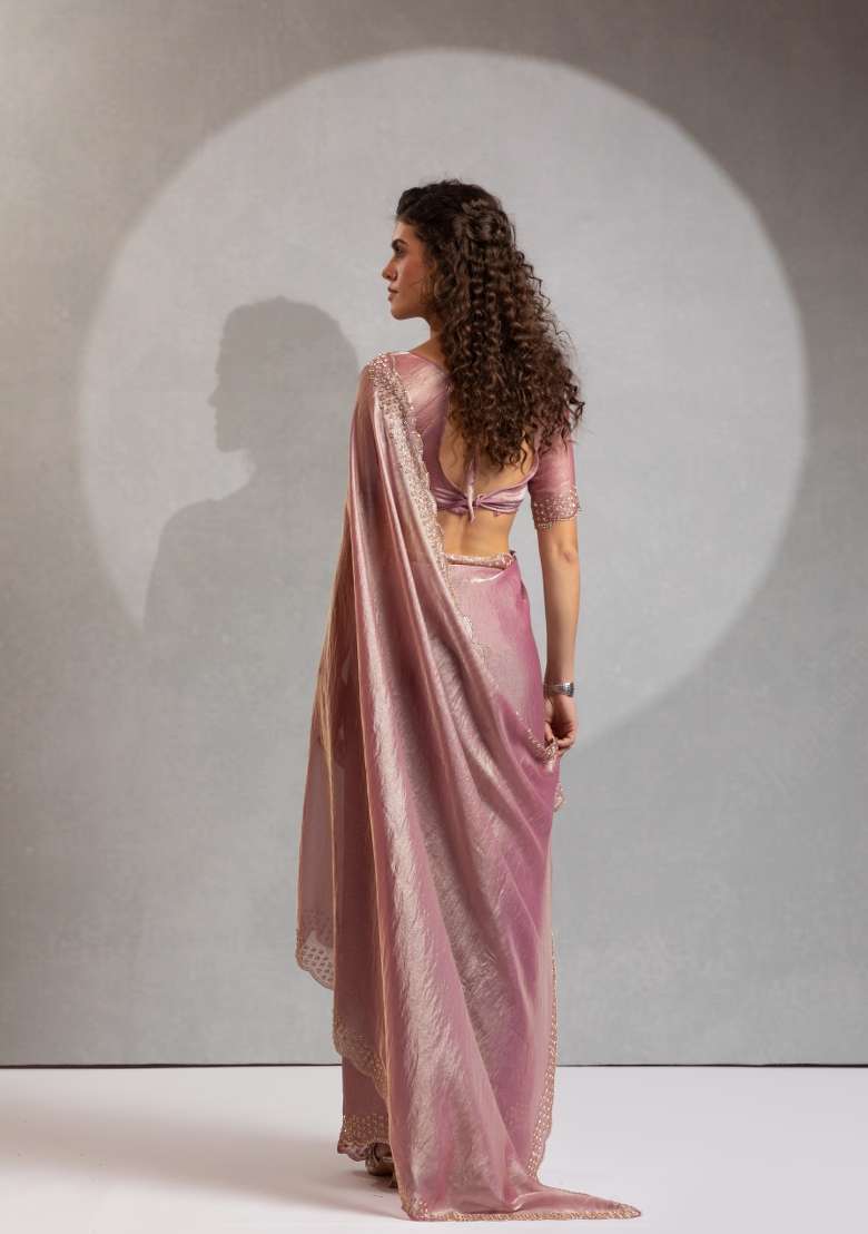 Pink Zircon Work Silk Saree Set for Diwali and Festive Wear - Indya