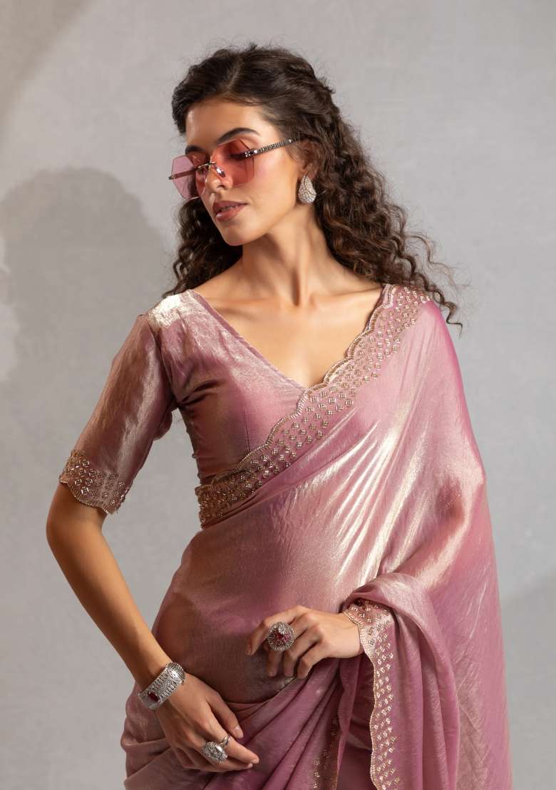 Pink Zircon Work Silk Saree Set for Diwali and Festive Wear - Indya
