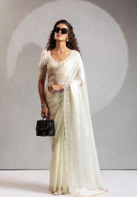 White Zircon Work Silk Saree Set for Diwali and Festive Wear