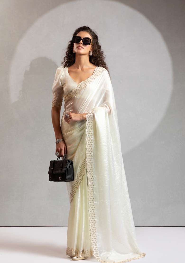 White Zircon Work Silk Saree Set for Diwali and Festive Wear - Indya