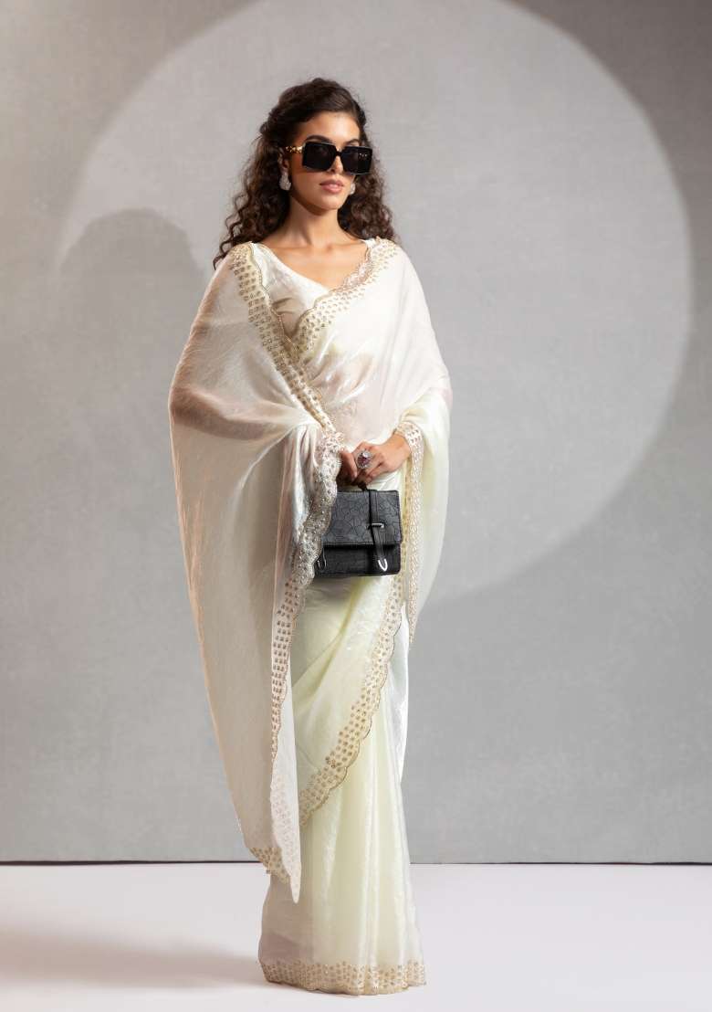 White Zircon Work Silk Saree Set for Diwali and Festive Wear - Indya
