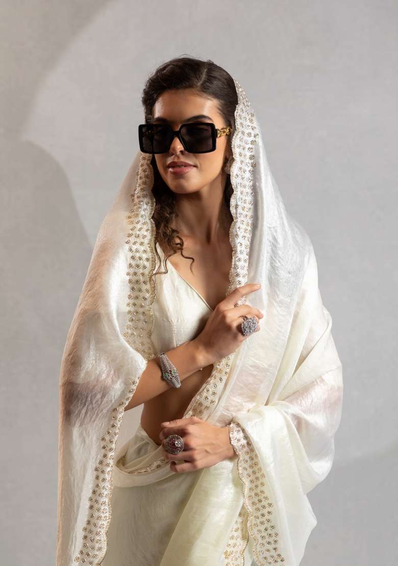 White Zircon Work Silk Saree Set for Diwali and Festive Wear - Indya