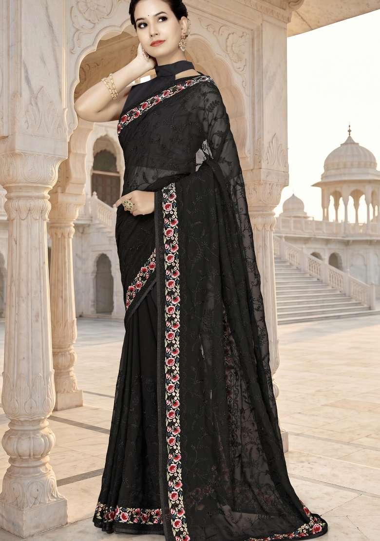 Black Georgette Saree Set with Embroidery for Diwali | Wedding & Festive Wear - Indya