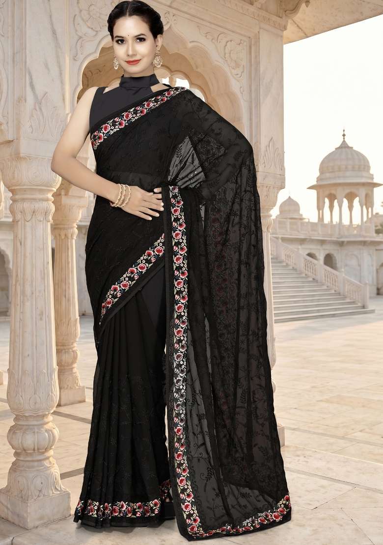 Black Georgette Saree Set with Embroidery for Diwali | Wedding & Festive Wear - Indya