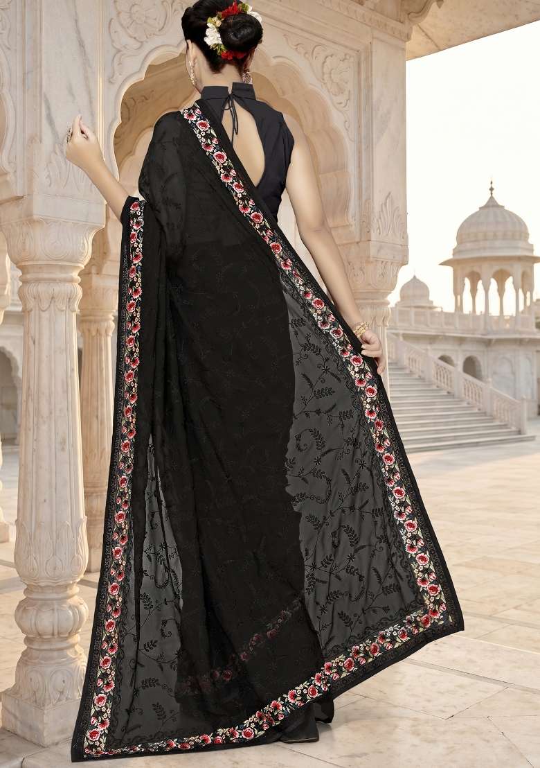 Black Georgette Saree Set with Embroidery for Diwali | Wedding & Festive Wear - Indya