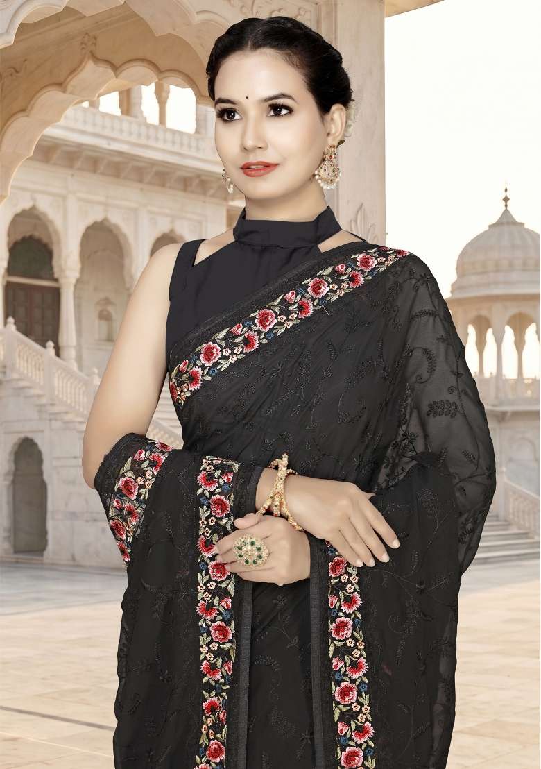 Black Georgette Saree Set with Embroidery for Diwali | Wedding & Festive Wear - Indya