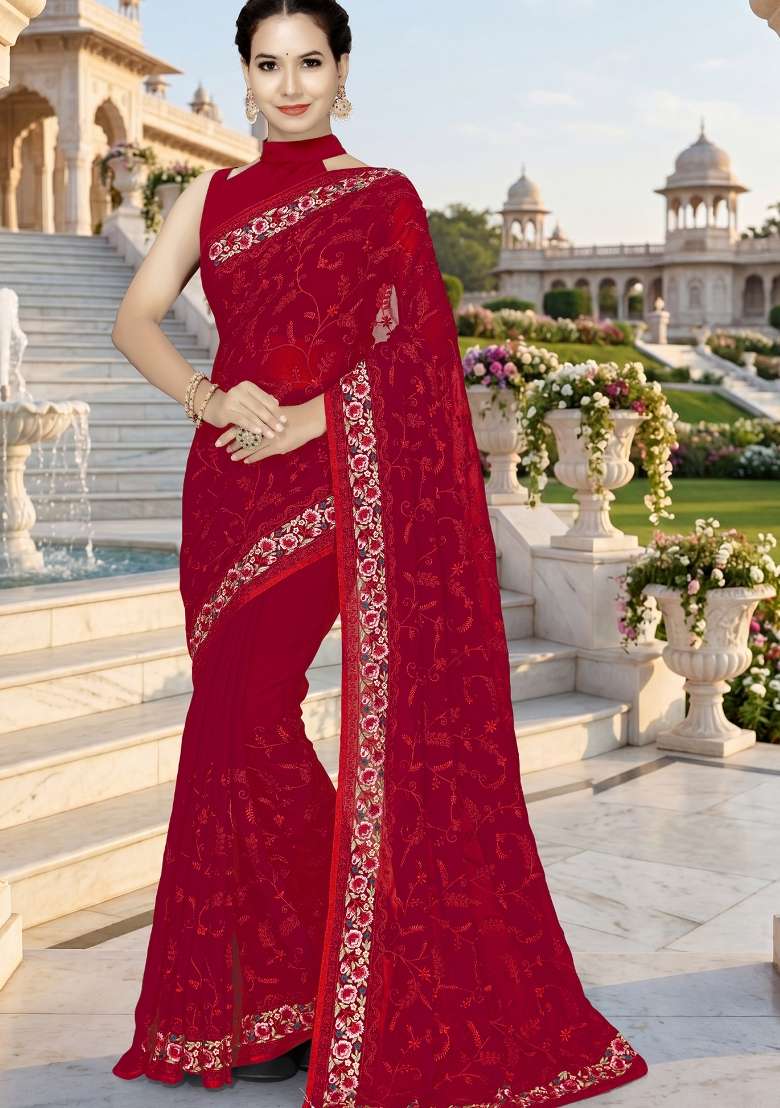 Red Georgette Saree Set with Embroidery for Diwali | Wedding & Festive Wear - Indya