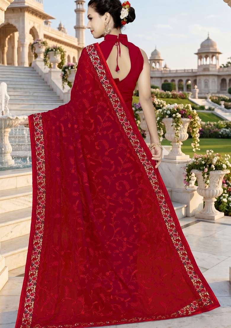 Red Georgette Saree Set with Embroidery for Diwali | Wedding & Festive Wear - Indya