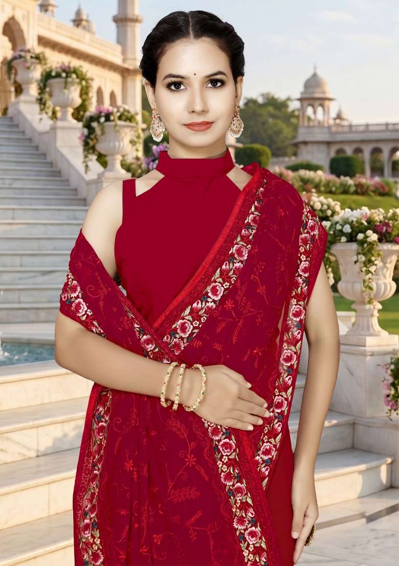 Red Georgette Saree Set with Embroidery for Diwali | Wedding & Festive Wear - Indya