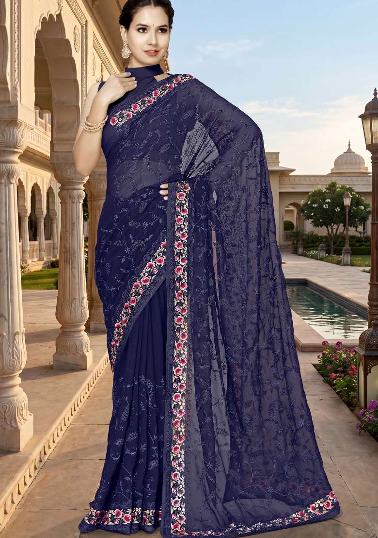 Navy Blue Embroidery Georgette Saree Set for Diwali and Festive Wear - Indya