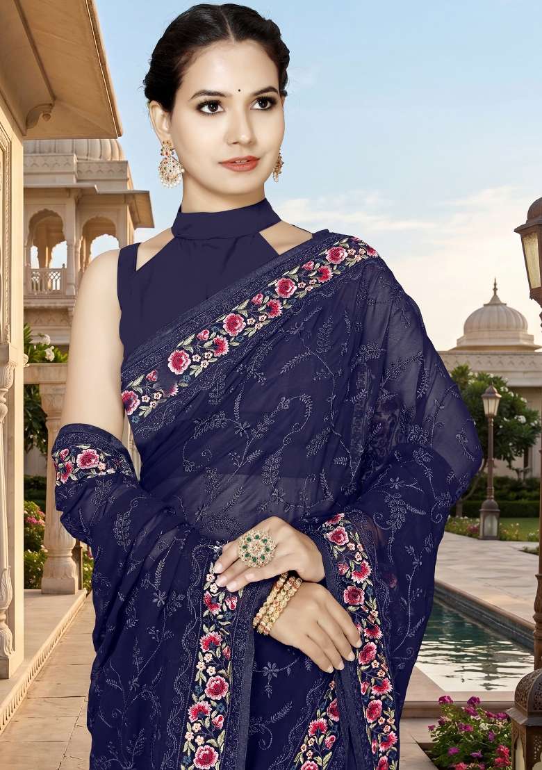 Navy Blue Embroidery Georgette Saree Set for Diwali and Festive Wear - Indya