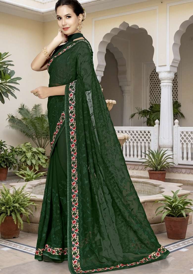 Bottle Green Georgette Saree Set with Embroidery for Diwali | Wedding & Festive Wear - Indya