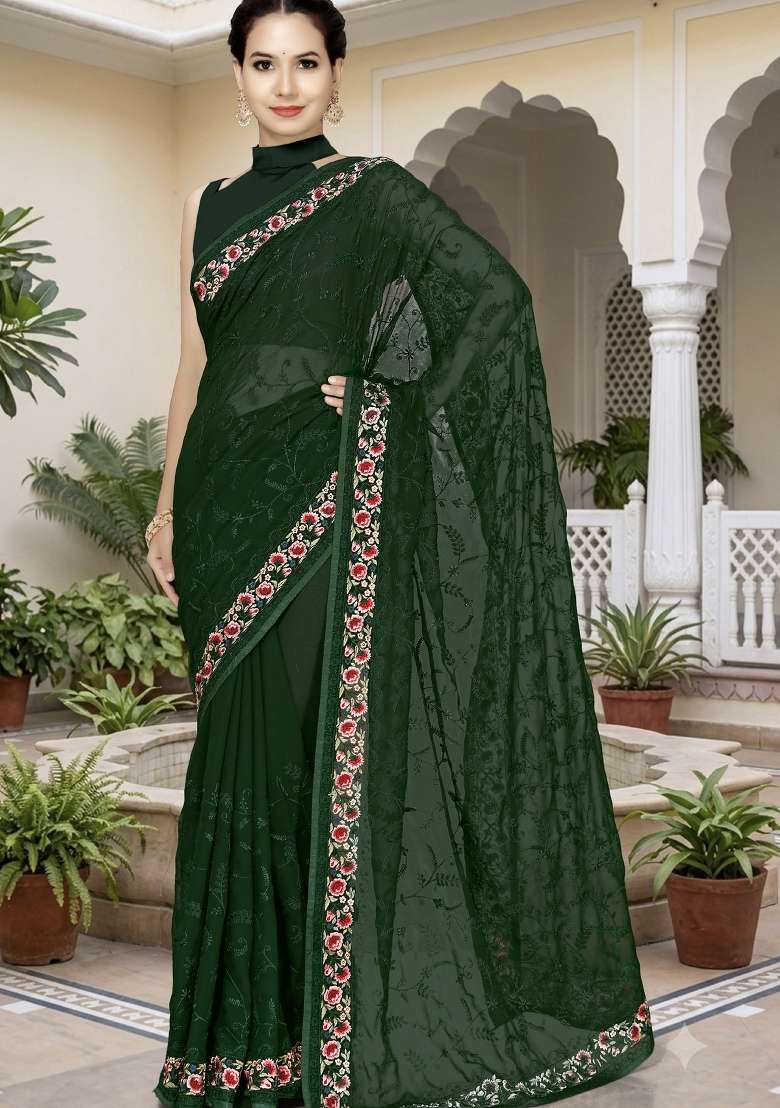 Bottle Green Georgette Saree Set with Embroidery for Diwali | Wedding & Festive Wear - Indya