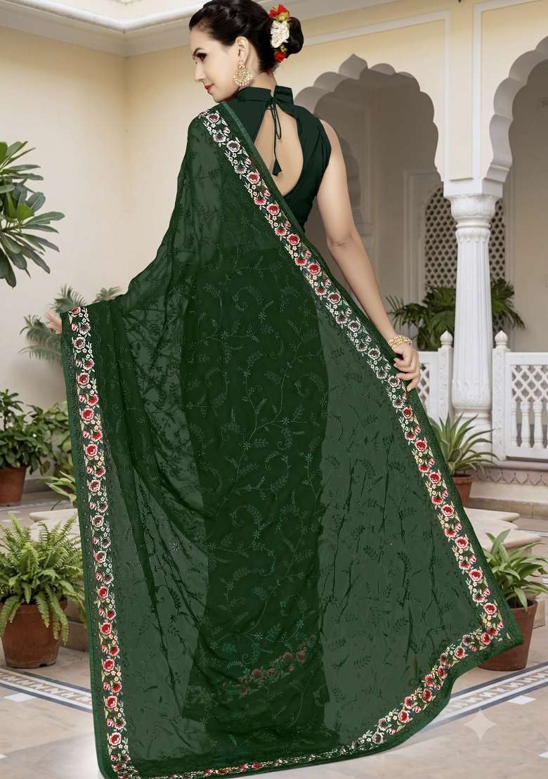 Bottle Green Georgette Saree Set with Embroidery for Diwali | Wedding & Festive Wear - Indya