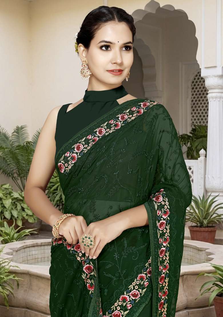 Bottle Green Georgette Saree Set with Embroidery for Diwali | Wedding & Festive Wear - Indya