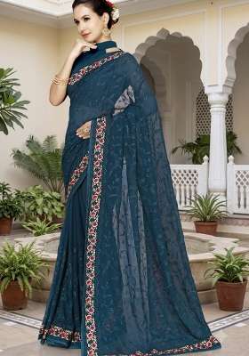 Teal Blue Georgette Saree Set with Embroidery for Diwali | Wedding & Festive Wear