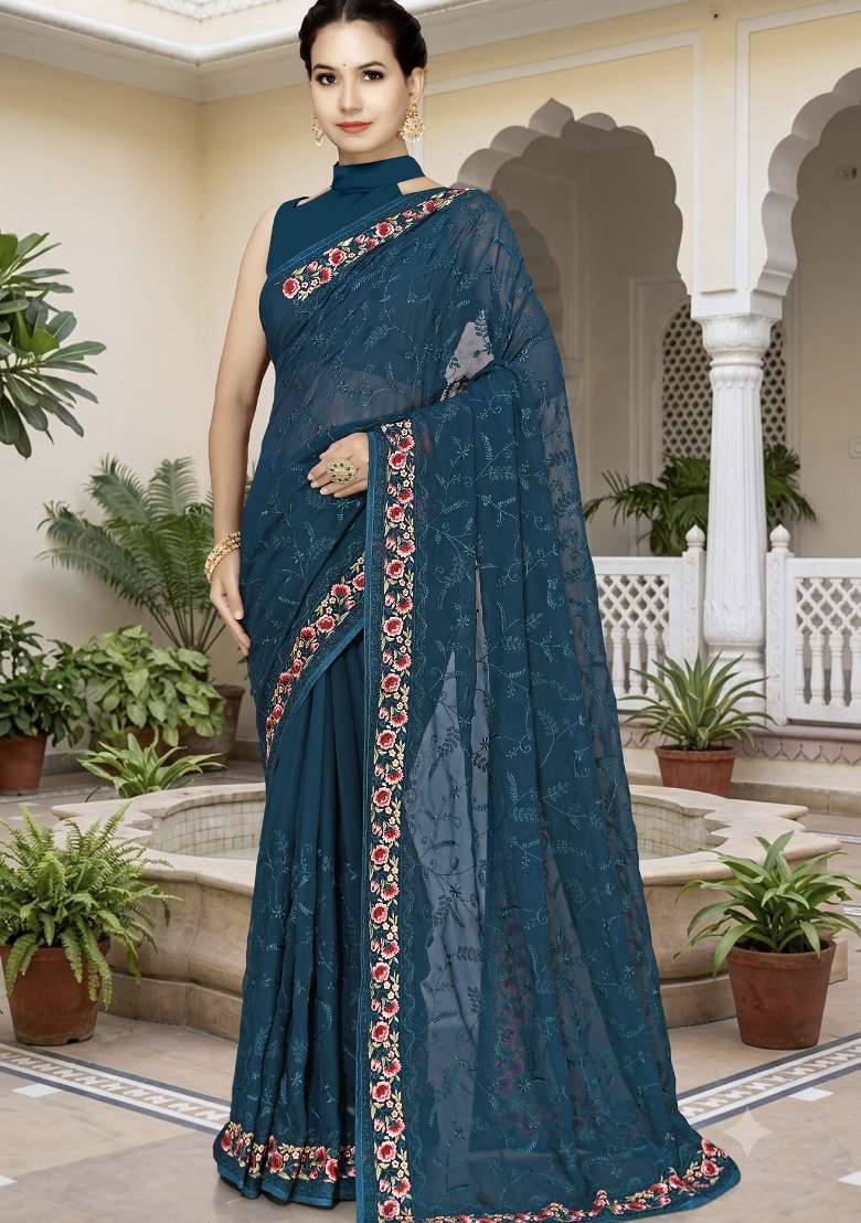 Teal Blue Georgette Saree Set with Embroidery for Diwali | Wedding & Festive Wear - Indya