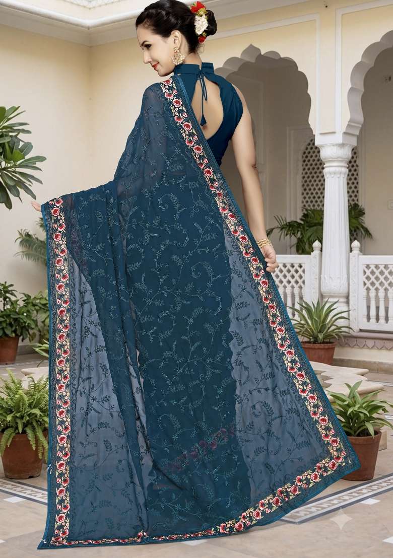 Teal Blue Georgette Saree Set with Embroidery for Diwali | Wedding & Festive Wear - Indya