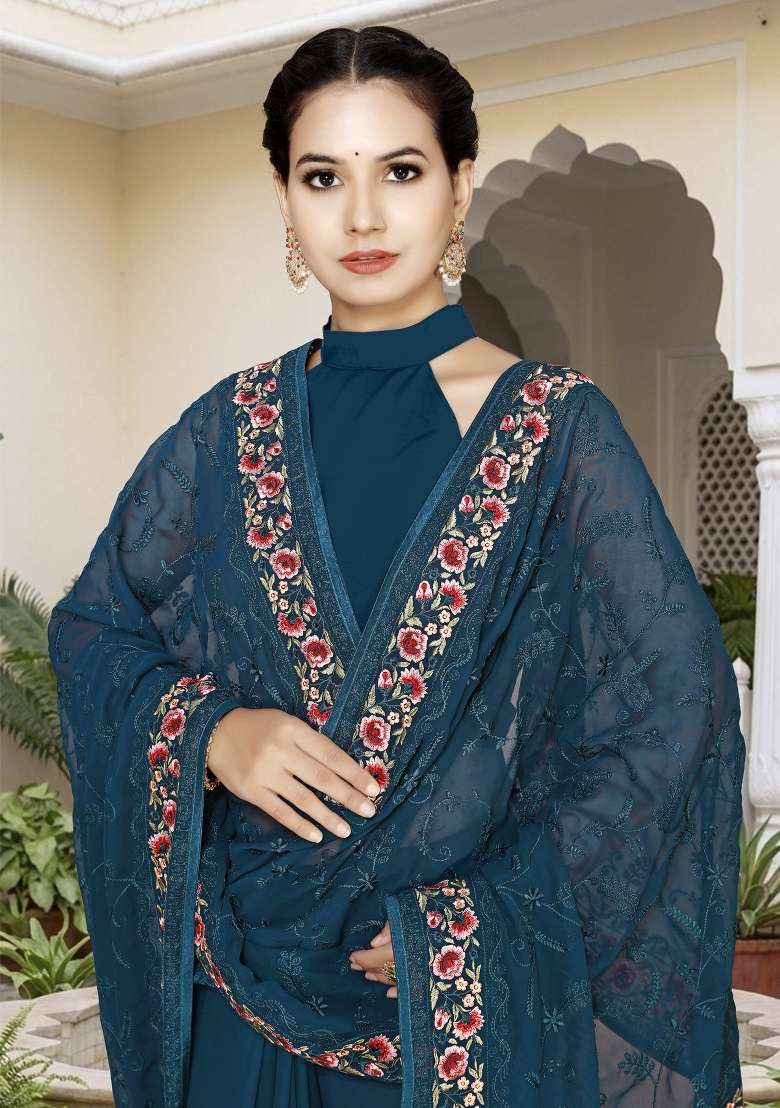 Teal Blue Georgette Saree Set with Embroidery for Diwali | Wedding & Festive Wear - Indya