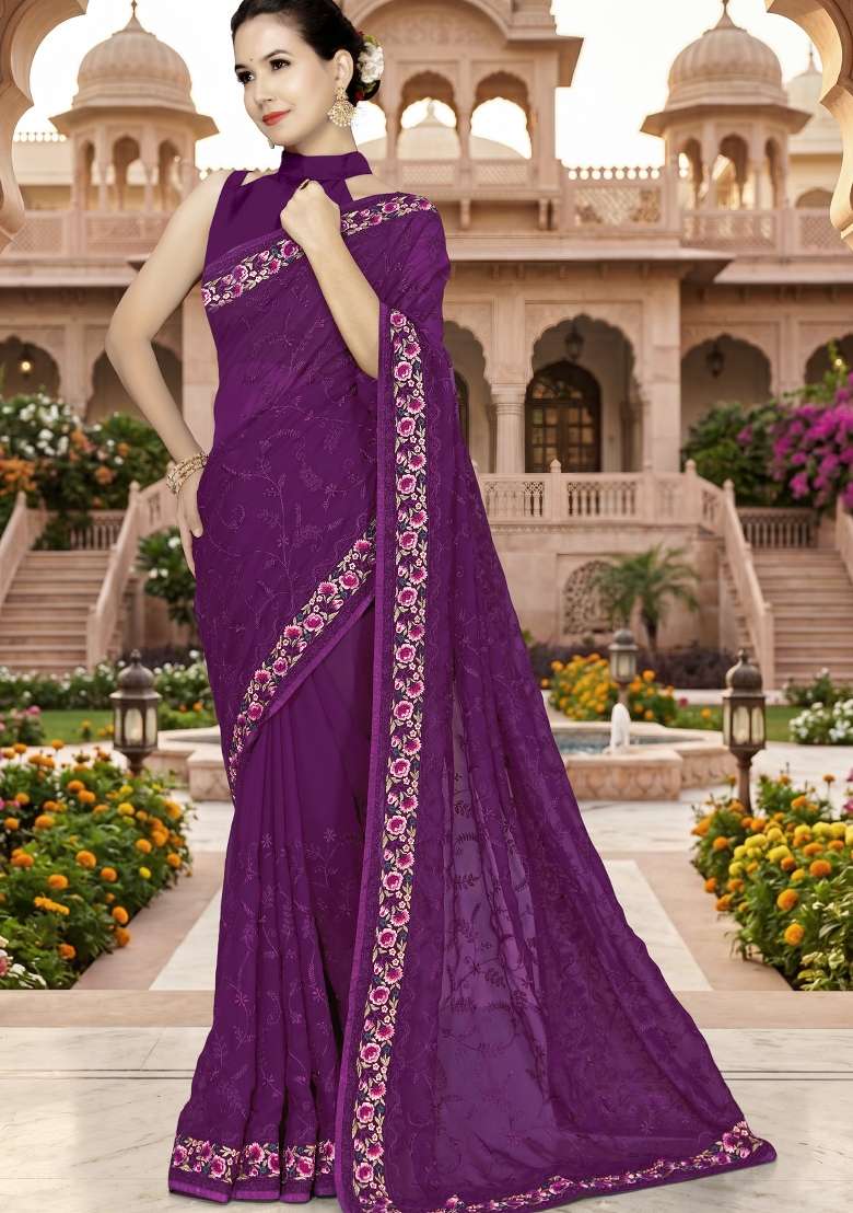 Wine Georgette Saree Set with Embroidery for Diwali | Wedding & Festive Wear - Indya