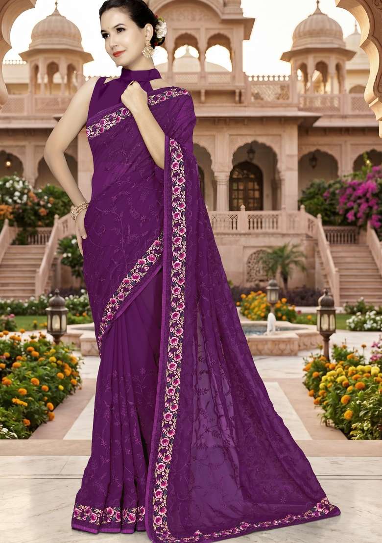Wine Georgette Saree Set with Embroidery for Diwali | Wedding & Festive Wear - Indya