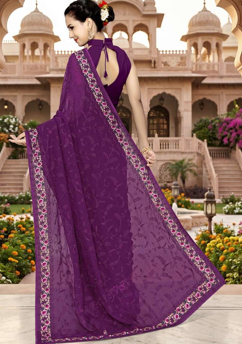 Wine Georgette Saree Set with Embroidery for Diwali | Wedding & Festive Wear - Indya