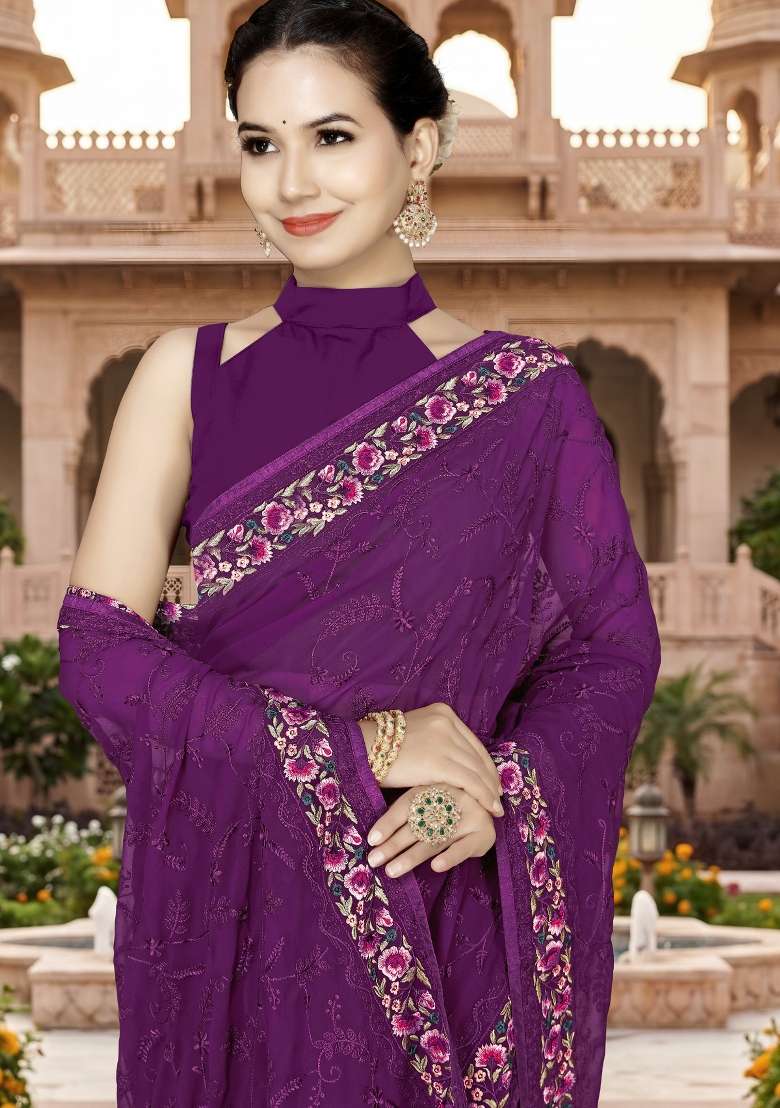 Wine Georgette Saree Set with Embroidery for Diwali | Wedding & Festive Wear - Indya