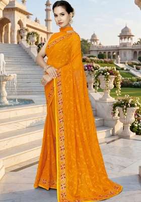 Mustard Georgette Saree Set with Embroidery for Diwali | Wedding & Festive Wear