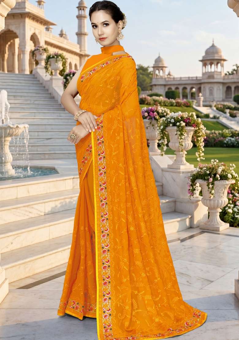 Mustard Georgette Saree Set with Embroidery for Diwali | Wedding & Festive Wear - Indya