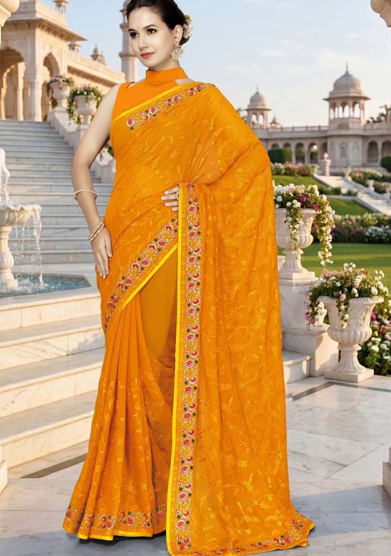 Mustard Georgette Saree Set with Embroidery for Diwali | Wedding & Festive Wear - Indya